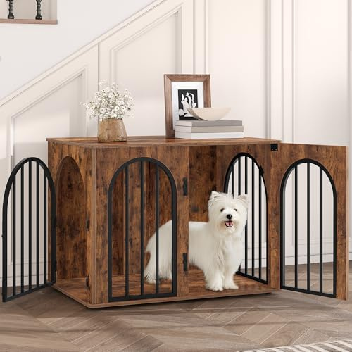 Hzuaneri 80cm Cage pour Chiens, Table d'Appoint, Niche Moderne pour Chiens Intérieur, Cage pour Chiots, Maisonnette pour Animaux, 3 Portes, Porte arquée, 80 x 56 x 61 cm, Marron Rustique DFC85101B