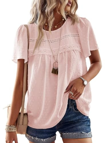TUUHAW Camiseta Mujer con Cuello Redondo Boho Blusa Manga Corta Verano Tops | Elegante Túnica, Volantes Plisada Encaje, Casual Ropa, Suelto Camisa, Bordado Cómodo Ropa, Color Liso, Informal Camisetas