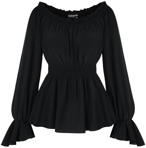 Skarlet mörker kvinnor medeltida blus långärmad axellös topp elastisk midja volangblus, svart, XL