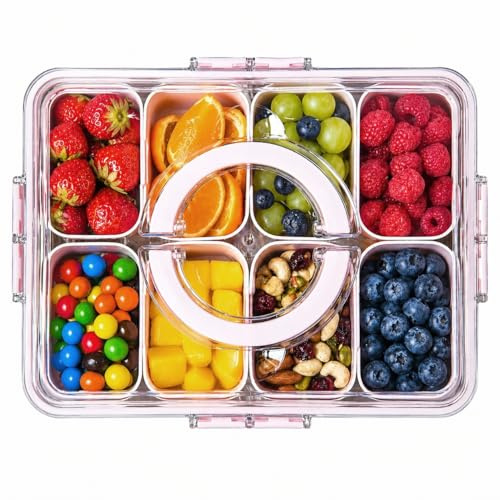 Contenitore per snack con scomparti e coperchio – Piatto da portata portatile per caramelle, frutta, snack, piatto suddiviso per picnic e feste PP (PINK)