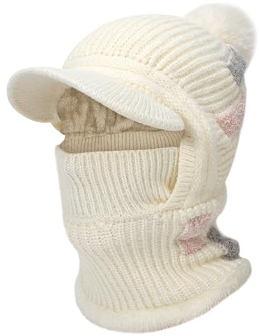 TAGVO Maschera da Sci Integrale Balaclava per Donna, Cappello Termico in Maglia con Cappuccio e Collo a Scialle con Pompon, Berretto Antivento e Antineve con Visiera per Sci, Corsa, Escursionismo