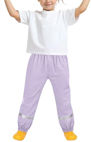 Kids Waterproof Trousers Boys Girls – Lightweight Breathable Rain Pants with Reflective Strips, Mud Proof Dirt Resistant Overtrousers Outdoor School (UK, Age, 8 Years, 9 Years, Regular, Purple)