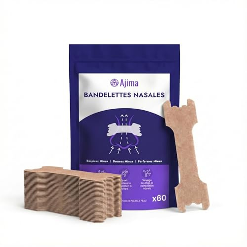 Ajima Bandelettes Nasales Anti Ronflement Efficace Puissant x60 – Bande Nasale Sport Premium | Nasal Strips pour Mieux Respirer, Réduire le Ronflement & Améliorer le Sommeil – Bandes Nasales