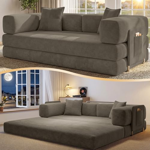 CUBENTE 78.8 Convertible Futon Sofa Bed,Corduroy Futon Couch with Storage Pocket,Folding Pull Out Sofa,No Assembly Boneless Couch for Living Room,Brown