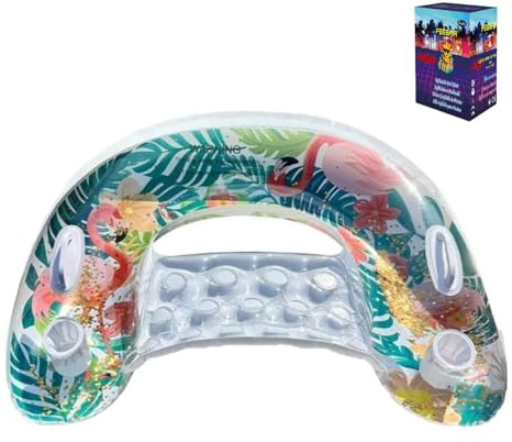 Inflatable Pool Float Lounger with Backrest & Cupholders, Flamingo Tropical Leaves Floating Chair for Adults, Heavy Duty Lake Floaties with Handles, Summer Water Fun Relaxation Party Supplies