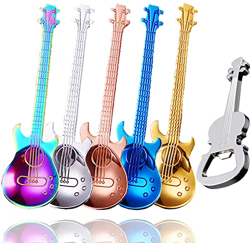 ESRISE Gitarre Kaffeelöffel Set Bunte Edelstahl Gitarren Kaffee Löffel Set， Kleine Zuhause Löffel, Dessertlöffel,Joghurtlöffel, Teelöffel(Multi-6 mit Öffner)
