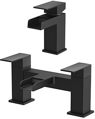 Architeckt® Dakota Bathroom Waterfall Bath Filler Mixer Tap and Basin Tap Set Deck Mounted Square Twin Lever Handle Modern, Matt Black