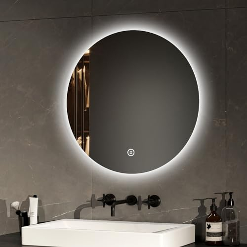 EMKE Specchio da bagno con illuminazione, rotondo, diametro 50 cm, con luce bianca fredda, dimmerabile, funzione di memoria, interruttore touch, IP44, retroilluminato a risparmio energetico