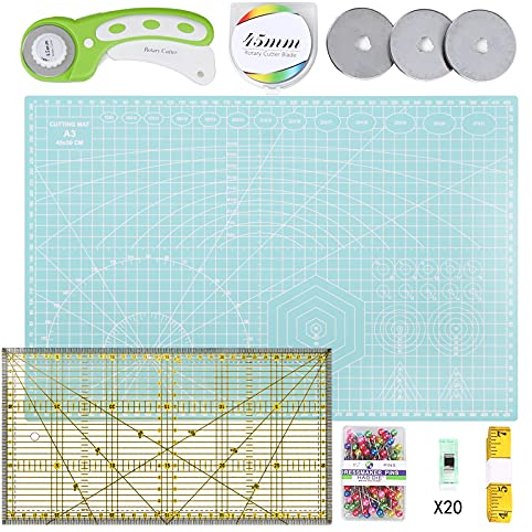 INTLMATE A3 Cutting mat Set Fabric Cutter Tool Kit Including 17inches self-Healing Cutting mat,45mm Rotary Cutter with 3 Replacement Blades,Acrylic Quilting Ruler,Patchwork Ruler,20 Clips,100 pins
