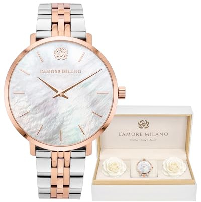 L'AMORE MILANO Damenuhr Weihnachten - Geschenke für Frauen - Armbanduhr Damen in Rosenbox - Geschenke für Freundin, Mama - 36mm Damen Uhr Bicolor Silber Gold
