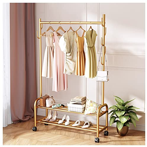 Mobilt Förvaringsklädställ Med Hjul Robust Hängskena Kraftställ I Metall Fristående Hängare Med 2 Nedre Hyllor (Color : Gold, Size : 60 cm)