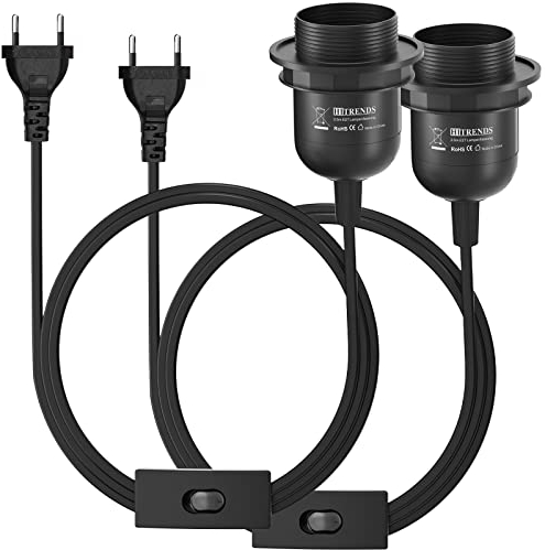 2 x E27 Lampenfassung mit Schalter mit Stecker, E27 Fassung Schwarz mit 3,5m Kabel Schraubring - Küche, Wohnzimmer und Kinderzimmer - Schwarz