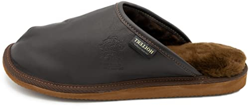 Hollert Herren Lammfell Hausschuhe LUITPOLD Pantoffeln echt Merino Schaffell Echtleder warm und bequem Größe 45 EU, Farbe Braun