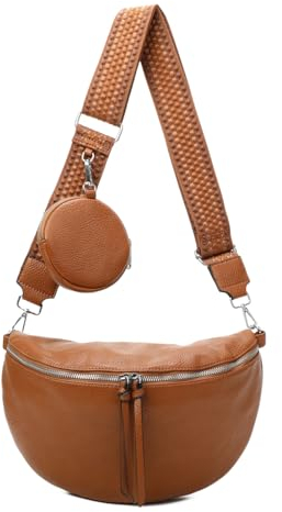OBC XL Damen Tasche Crossbody Gürteltasche Messenger-Tasche Hüfttasche Bauchtasche Umhängetasche Cross-Over Bodybag Schultertasche Handytasche Leder Optik Cognac