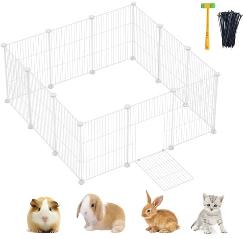 Lxvckly Pet Playpen, Small Animals Playpen with Door, DIY Encrypted Metal Wire Rabbit Fence, Guinea Pigs Cages, Kitten Playpen, Indoor & Outdoor Yard Fence for Small Animals 12 Pcs Panels White