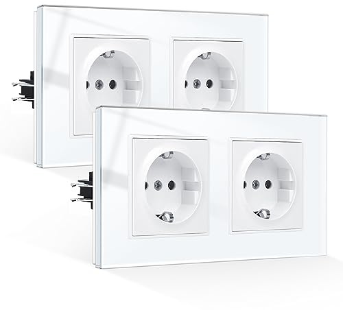 Pack de 2 CNBINGO Enchufe doble empotrado con garras, enchufe Schuko con placa de vidrio templado, enchufe de pared con protección de contacto, 2 compartimentos, 16A, 250V