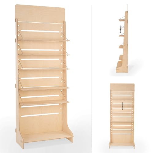Espositore in Legno, da Terra, Regolabile, Inclinazione e Altezza Ripiani Variabile, Espositori per Negozi, Alimentari, Farmacie, Cartolerie, Ferramenta, Librerie (Flexi - L.65cm)