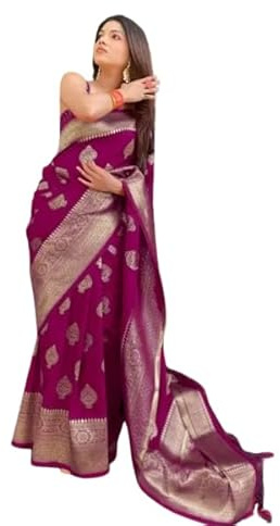 BishtHub Fashion Sari indien traditionnel imprimé jacquard pour femme avec chemisier non cousu -(Pan purple)