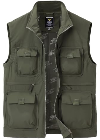 Harbrosrce fiskeväst för män användbarhet ärmlös jacka ytterkläder västar snabbtorkande flera fickor väst för arbete safari fotografi vandring, Armégrönt, 3XL