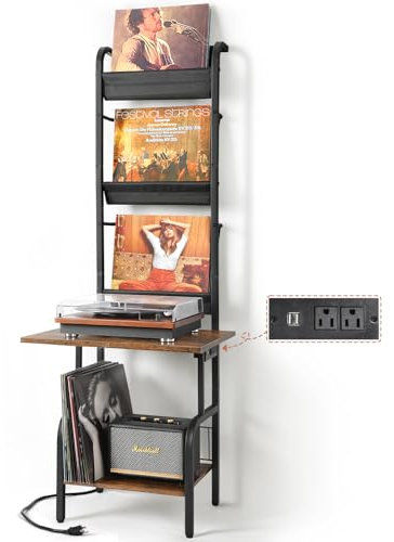 Skivspelarstativ med eluttag, skivspelarbord med vinylskivförvaring upp till 200 album, skivspelare stativ med skivhållare, vinylhylla, skivspelare, skåp organiseringsställ