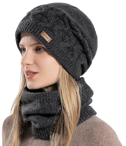 WANYI Damen Mütze Winter Beanie Slouchy Wintermütze Strickmütze Warme Mützen Schal Set mit Weichem Innenfutter für Herbst Winter Frühjahr (Schwarz)