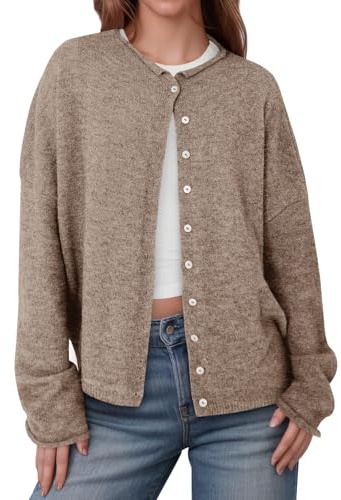 Saodimallsu Womens Button Up Cardigan Sweaters Long Sleeve Crew Neck Fall Soft Lightweight Knit Loose Sweater Tops Dark Khaki