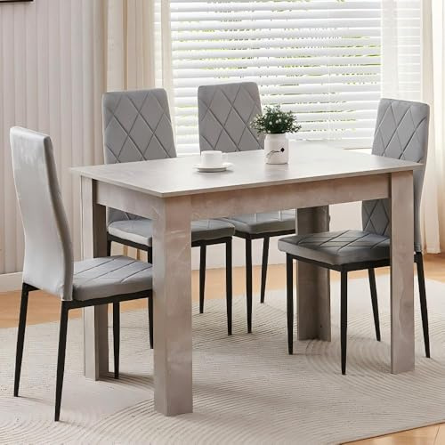 Homullel 110cm Dining Table and 4 Chairs, 4 Seater Kitchen Table and Chairs Set for Space Saving, Compact Dining Room Set for 4, 110x70 cm, Wooden, Beton Grey (4 Seaters, Flannel Gray #2)