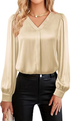 YUTILA Camicetta da donna in raso con scollo a V – Elegante maglietta a maniche lunghe con lucentezza – Top casual da lavoro, beige., M