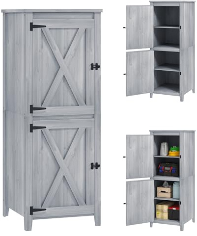 Outsunny Casetta da Giardino in Legno di Abete con Base Rialzata, 2 Armadietti e 2 Ripiani Removibili, Armadio da Giardino per Terrazza e Patio, 60x60x160 cm, Grigio Chiaro