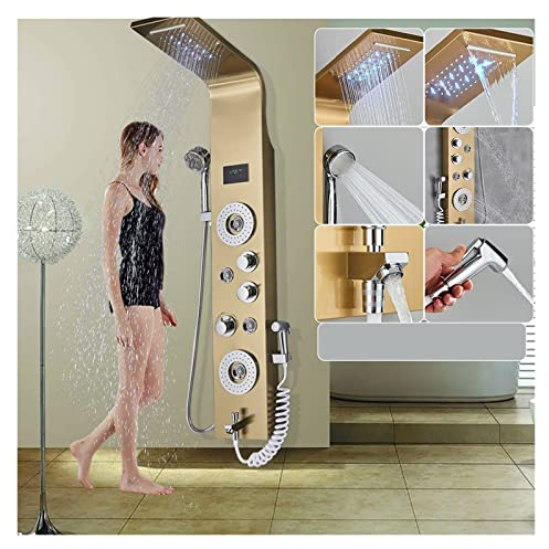 Svart LED-duschpanel Sex funktioner Vattenfall duschpanel Badrumskran Badrum SPA Massage Jet Badkar Mixer Massagespruta(8006 Golden)