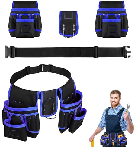 POPOPIE Cintura Porta Attrezzi,Regolabili Staccabili Cintura Elettricista,Cinturà per Attrezzi da Lavoro con 26 Tasche,per Elettricista Falegname Edilizia Manutenzione,Nero-Blu