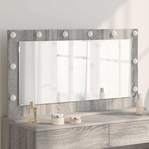 LoogCape LED kosmetikspegel högervinkel Sonoma-grå 100 x 55 x 18 cm, glas och fanerat trä, varm vit belysning LED för hall badrum sovrum, USB 5 V