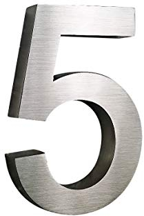 3D Hausnummer 5 Edelstahl Arial rostfrei witterungsbeständig 3D Effekt in 20cm Höhe und 3cm Tiefe aus gebürstetem Edelstahl V2A inkl. Montagematerial erhältlich: 0,1,2,3,4,5,6,7,8,9, A,B,C,D