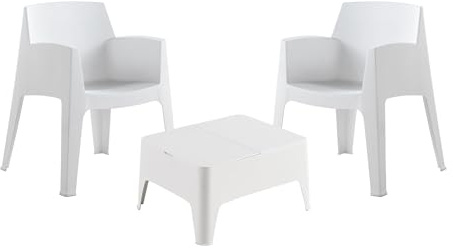 Shaf - Conjunto Jardín Exterior y Terraza - 2 Sillones Individuales y Mesa Baja con Almacenamiento - Plástico Reciclado - Set Costa - Blanco