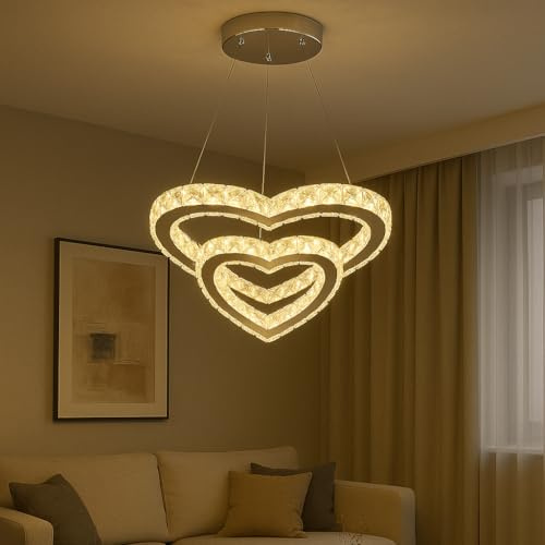 Lampadario a Sospensione Moderno LED a Forma di Cuore in Vetro Cristallo, Lampadario Moderno Soggiorno a Sospensione Dimmerabile Luce Calda Naturale Fredda, per Soggiorno Camera da Letto Cucina