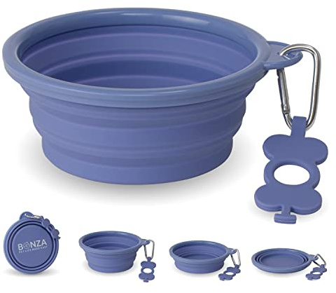 Bonza Large Collapsible Dog Bowl 1000 mL, Sturdy Reinforced Rim, Includes Carabiner & Water Bottle Holder Keychain, Periwinkle