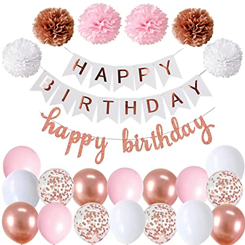 Happy Birthday Weiß Rosegold Geburtstag Party Deko Set Geburtstag Girlande Luftballons Rosegold Ballons 6 Pompoms Geburtstagsdeko Mädchen