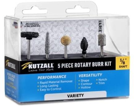 Kutzall 5-Piece Rotary Burr Kit - 1⁄8 Shaft, Variety Grit - Woodworking Attachment for Dremel, Foredom, Ryobi, Milwaukee Tools - Structured Tungsten Carbide (18VKIT01)