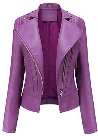 Giubbotto Ecopelle Donna Con Borchie - Giacca Biker Similpelle Finta Pelle Sintetica - Curvy Primavera Viola Taglia M