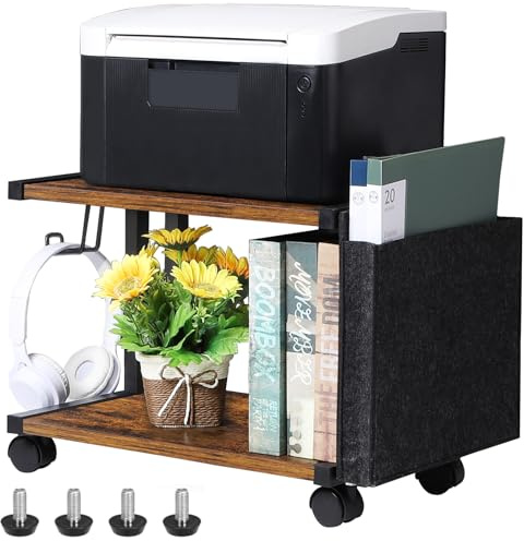 Shinoske 2 Tier Printer Stand with Storage Bag Wheels Desktop Storage and Organize Under Desk Printer Cart Multifunction Printer Shelf with Anti-skid Feet for Home Office (Brown)