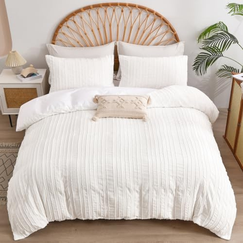 DJY White Bedding Set Double Size 3PCS-Plain Tufted Duvet Cover Set, Soft Microfiber Lightweight Duvet Cover Set with Zipper Closure (Double, 200x200cm)