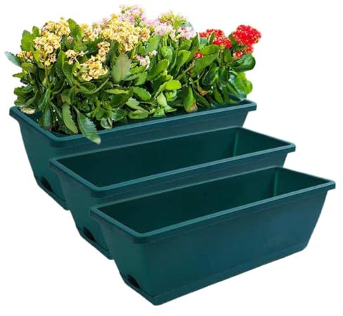 pdodo Lot de 3 jardinières rectangulaires pour balcon - Avec soucoupe parfaite - Pour rebord de fenêtre, balcon - Jardinière étroite pour l'intérieur - Pots de fleurs et herbes aromatiques