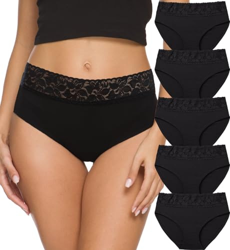 Altheanray Womens Underwear Cotton Panties for Women Bikini Underwear Soft Hipster Lace Breathable Ladies Briefs 5 Pack(3020M-Black Color5)