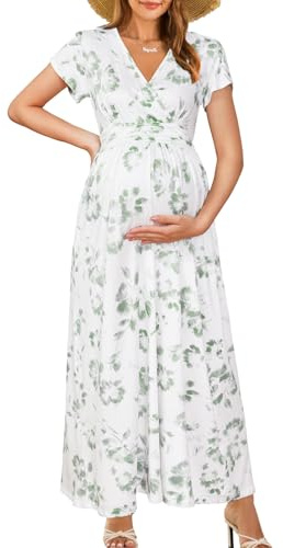 OUGES Maternity Maxi Dress Wrap Baby Shower Pregnancy Dresses for Photoshoot Maternity Outfits Summer Clothes 2026(White Green Floral,S)