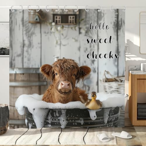 Hnmdmyi Duschvorhang Lustige Hochland Kuh 120x200, Bauernhaus Western Tier Rind Ente Baden in Sprudelnder Badewanne Badewanne Vorhang Wasserdicht Polyester Stoff Waschbar Badevorhang mit Haken
