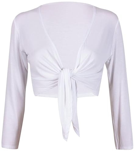 FASHION MY LOVE Womens Long Full Sleeves Ladies Stretch Bolero Cropped Cardigan Front Tie Knot Shrug Top Women's Plain Bolero Front Tie Knot Shrug - Ladies Long Sleeve Cropped Cardigan Top White