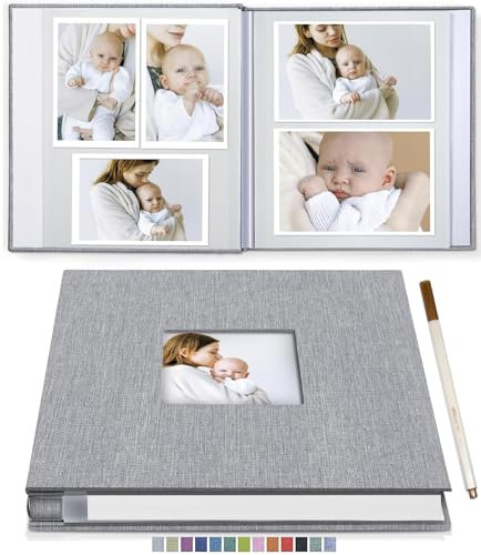 TOJUNE Album Fotografico Autoadesivo da 20 Pagine con Finestra, Copertina in Lino, Album Fotografico Autoadesivo per Viaggi in Famiglia, Crescita del Bambino, Regalo di Compleanno (33x32 cm)