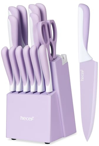 hecef 15-Piece Kitchen Knife Set with Self-Sharpening Wooden Block – High Carbon Stainless Steel, Purple Non-Stick Coating Blade, Includes Steak Knives & Scissors