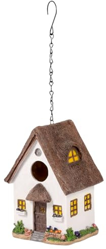 Casa de pájaros decorativa de madera, se puede colgar, villa para pájaros resistente a la intemperie, con gancho de metal, nido para aves silvestres, ramas, barandillas, aleros de techo, jardines