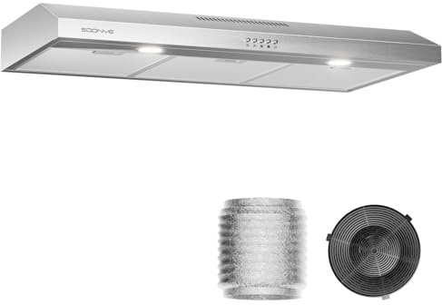 SOONYE Cappa da cucina in acciaio inox da 91,4 cm, sottile cappa aspirante da cucina, canalizzata/convertibile senza condotti con 3 controlli di velocità, filtri in alluminio a 5 strati, luci a LED